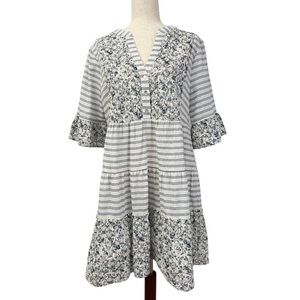 Voy Dress White & Blue Striped & Blue Floral Eyelet Lace V Neck Women’s Sz M NWT